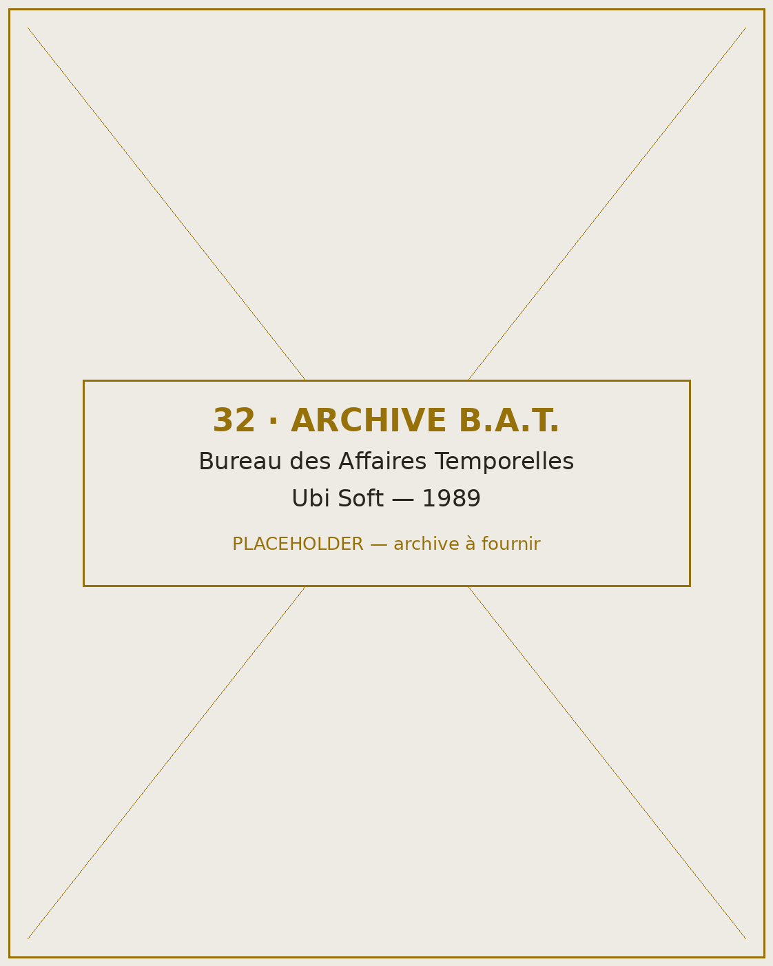Visuel 32 — archive B.A.T. (Bureau des Affaires Temporelles, Ubi Soft 1989) : boîte du jeu et documents d'époque